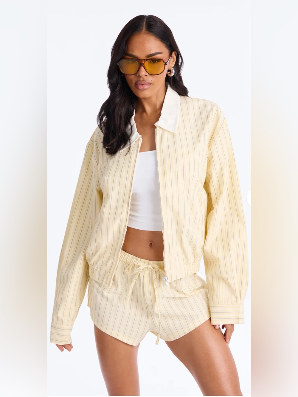 Fashion Nova Pale Yellow Pinstripe Bomber Jacket